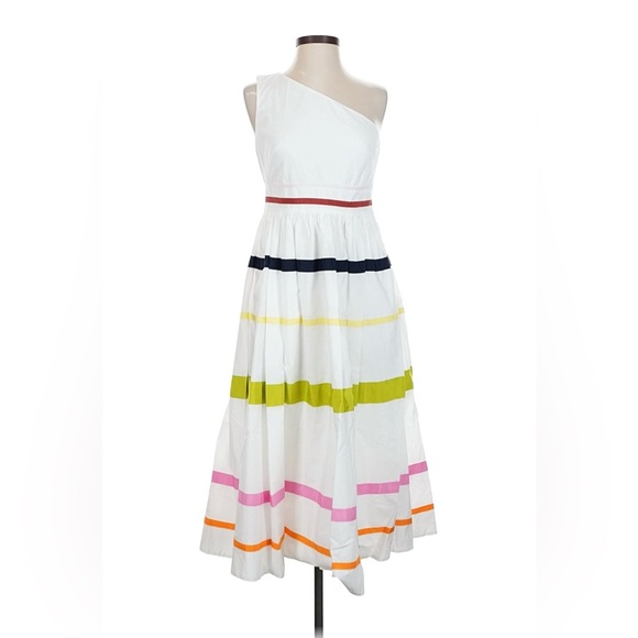 J. Crew Dresses & Skirts - J. Crew One Shoulder Fit-n-Flare Poplin White Dress with Colorful Stripes